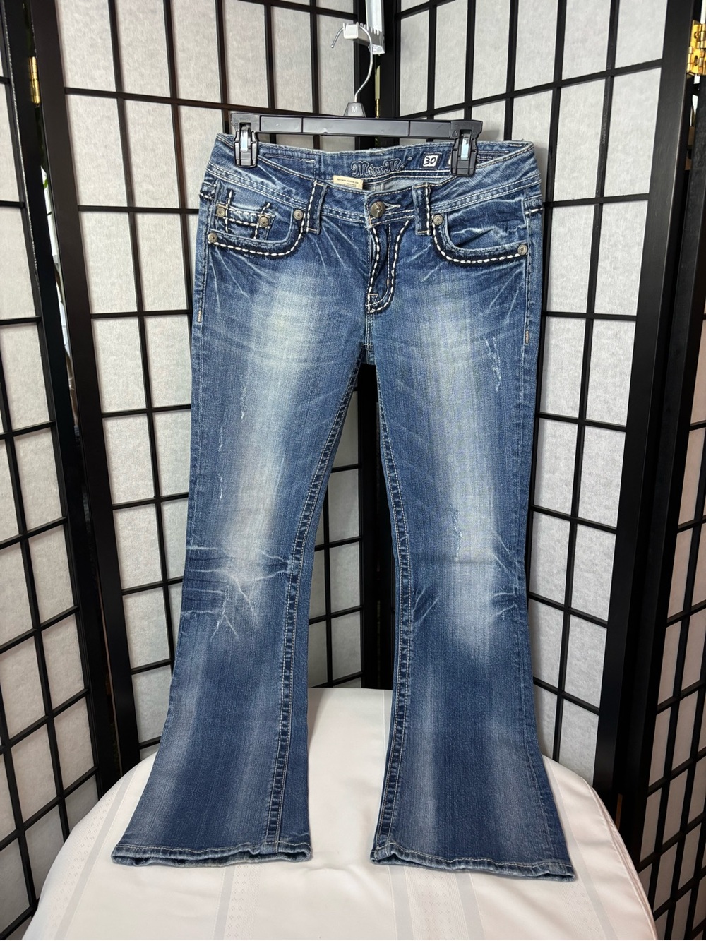Miss Me Distressed Mid-Blue Flare Jeans with Embellished Pockets - Size 30x32